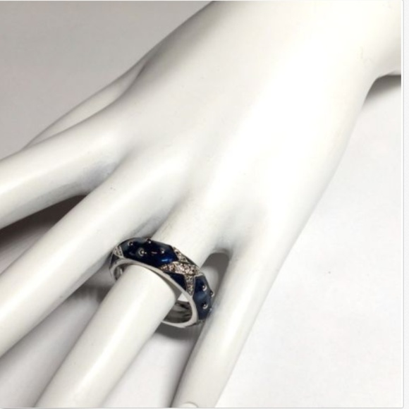 Silver Blue Enamel Ring Cubic Zirconia Size 9 10 - Picture 7 of 8